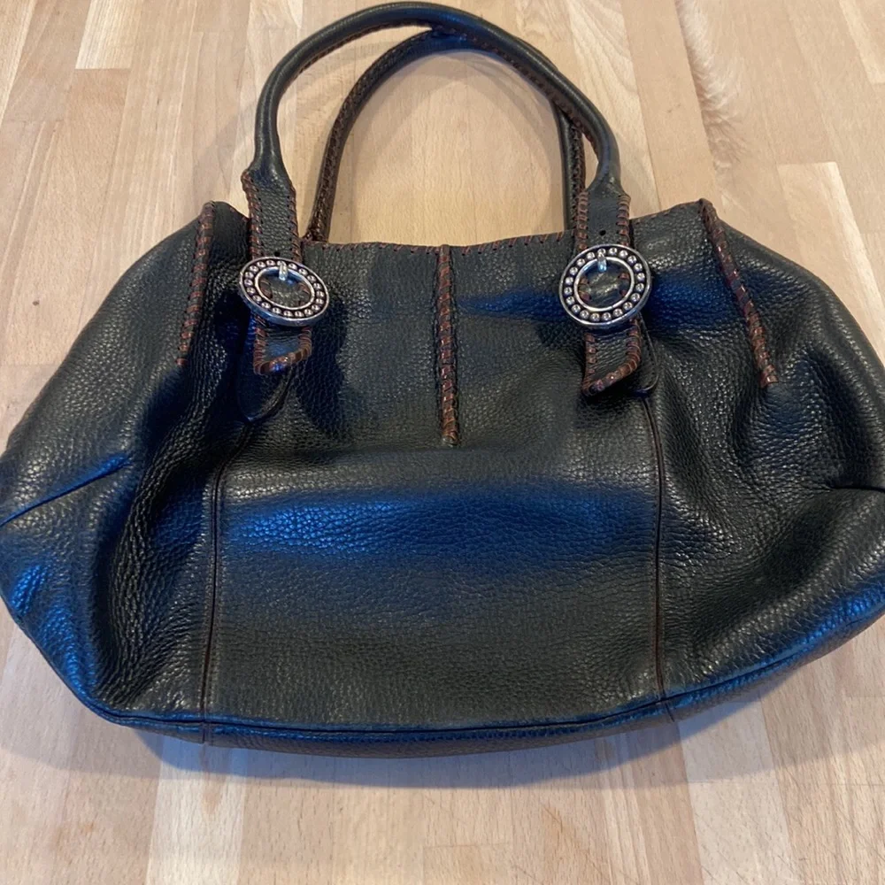 BRIGHTON Rayann Dark Brown Pebble Leather Braided Handles Whipstitch Satchel